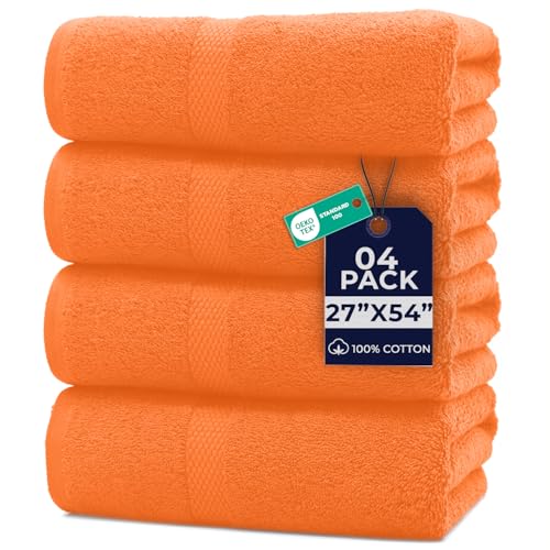 Image of DAN RIVER Bath Towels Set of 4, 27 x 54 Inches, 100% Cotton, Larger & Lighter Weight, Quicker to Dry, Super Soft and Absorbent, Ideal Bathroom Towels Set for Daily Use, Orange