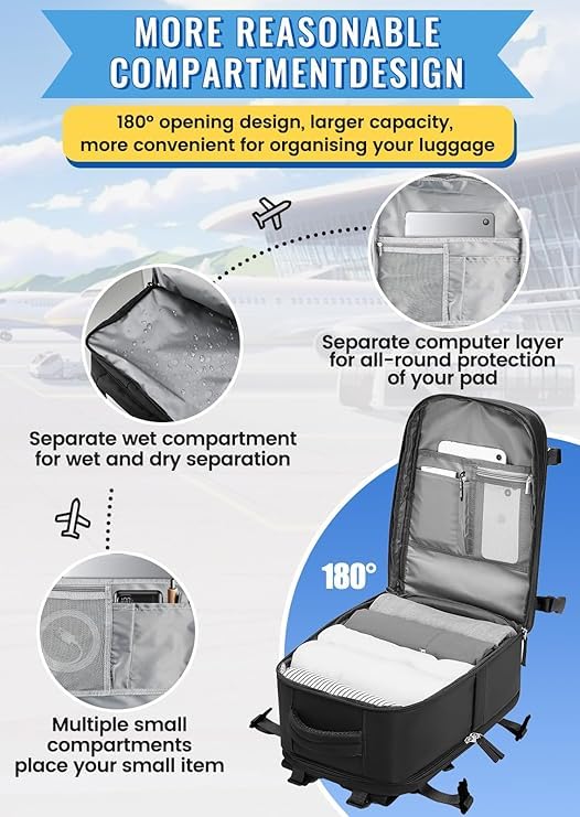 Image of Travel Backpack for Men & Women Cabin Bag, Water Resistant Carry On Luggage with Laptop Compartment, Shoe Pocket, Anti Theft Pocket, USB Port, Chest Buckle, Underseat Flight Travel Bag