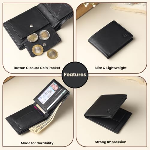 Image of KARA Black Men's Genuine Leather Wallet - Bifold, 2 Cash Compartments, Coin Pocket, 10+ Card Slots, Hidden & Transparent Flip Sections