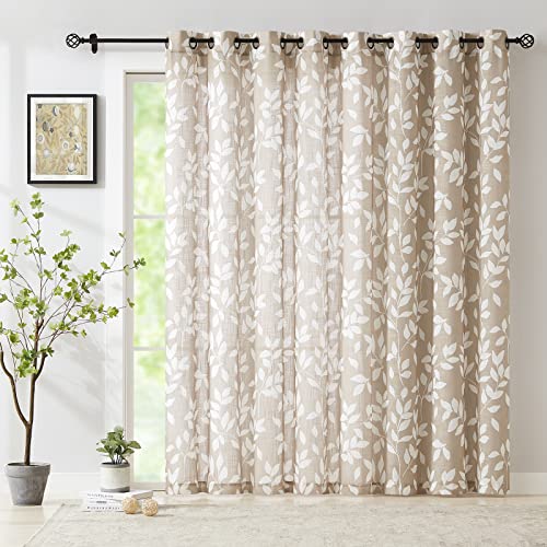 Image of Taupe White Leaf Sheer Curtains for Living Room 84 inch Length Sliding Door Curtains Khaki Print Glass Door Window Draperies Extra Wide Light Filtering Linen Textured Sheer Curtain Panels 100 inch w 1pcs