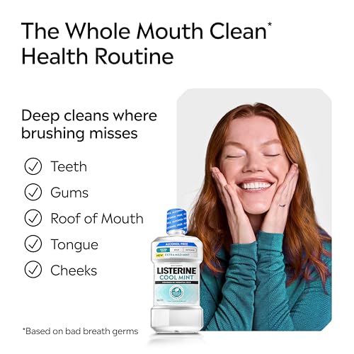 Image of Listerine Extra Mild Alcohol Free Mouthwash, Cool Mint, 33.8 fl. oz /1L | No Burn, Clinically Proven Essential Oils Kill 99.9% of Germs That Cause Bad Breath, Dye Free Oral Rinse