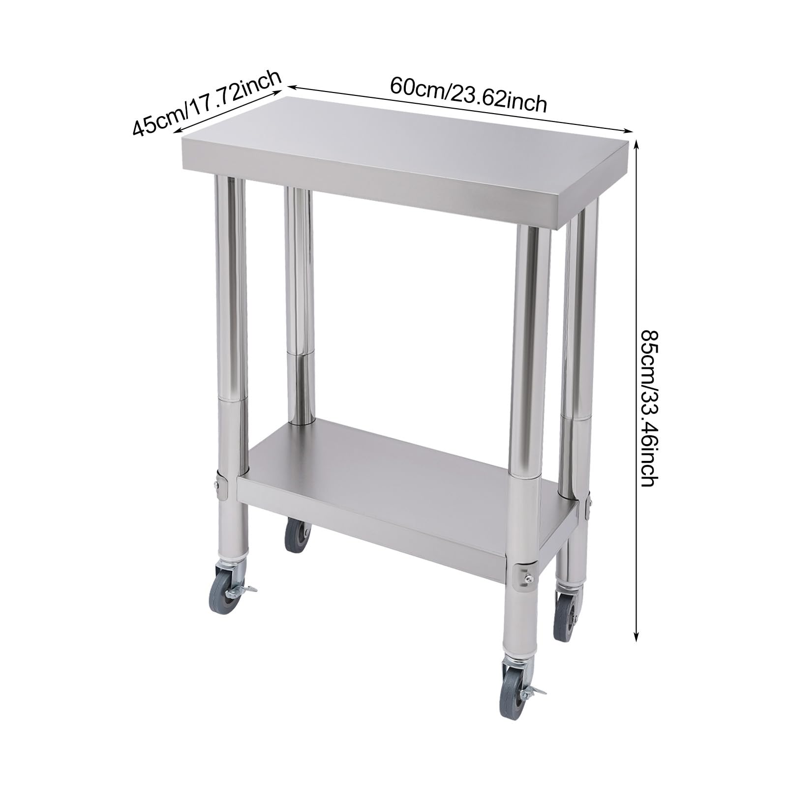 Mesa de trabajo de acero inoxidable, 2 niveles, con ruedas, mesa enrollable (60 x 45 x 85 cm) | Gastro - Mesa de trabajo de acero 201 (4 unidades, con frenos, para restaurante, cocina, bar, etc.)