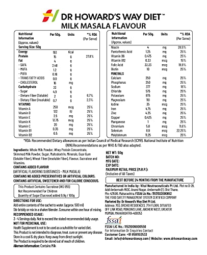 Image of Dr Howard's Way Diet | Total Food Replacement | Milk Masala Shake For Weight Loss & Management | Healthy Meal Replacement | Essential 13 Vitamins & 14 Minerals | Less than 200 Calories Per Meal Pack | For Men & Women | 50Gm (Vegetarian)