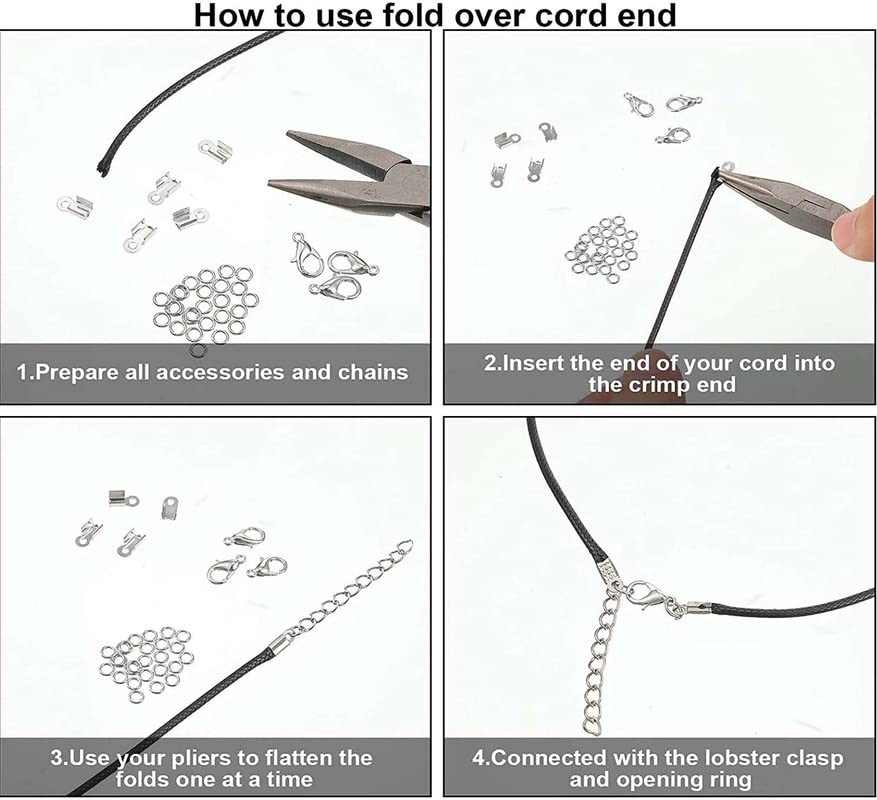 DIY Crafts Fold Over Cord Ends Cord Crimp End Tips Fold-Over End Caps Leather Ribbon Ending Clasp Tips Jewelry Connector for Jewelry Making (50 Pcs, White Nickel) 3