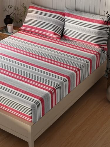 Image of KOPA Extra Smooth Cotton Double Bedsheet with 2 Pillow Covers -3pc Set (Lopez) | Extra Smooth Cotton | 1 Double Bedsheet with 2 King Size Pillow Covers Stripe-red /Grey