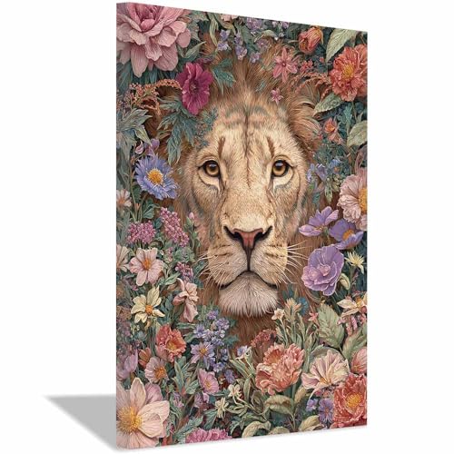 Tableau sur toile lions en fleurs affiche murale moderne grand format multicolore pour chambre
