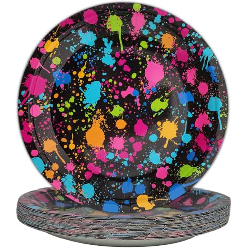 Image of gisgfim 48 Pcs Neon Plates Glow Birthday Party Supplies Disposable Paper Dessert Plates Tableware Glow in Dark Theme Party Decorations Favors for Colorful Graffiti Birthday Baby Shower