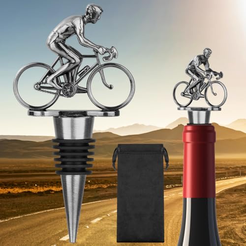 LULLEA Cycling Wine Bottle Stopper, Bicycle Gifts Cyclist Gifts Wine Gifts for Father's Day, Christmas, Birthday, Silver Bottle Stopper for Wine and Champagne with Bag