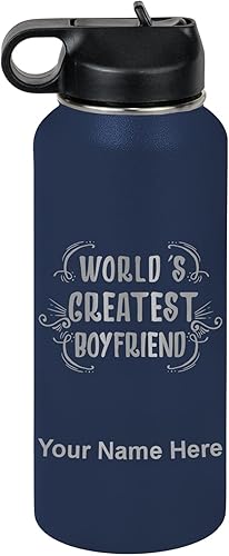 Miniatura 49 de LaserGram Botella de agua personalizada, World's Greatest Boyfriend, acero inoxidable de doble pared aislada al vacío con popote superior, regalo
