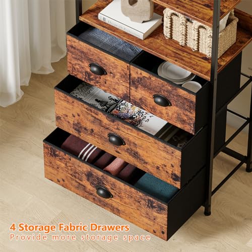 Furologee Vertical 4 Drawer Dresser Organizer with 3-Tiers Wood Shelf,Tall Fabric Storage Tower Unit, Sturdy Metal Frame Chest of Drawers,Removable Brown Fabric Bins for Bedroom,Entryway,Office