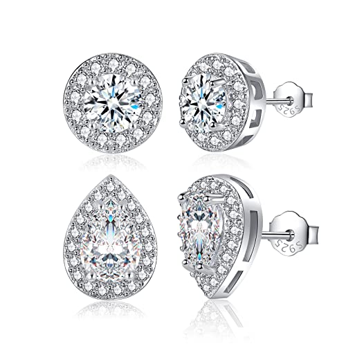 2 Pairs Silver Stud Earrings for Women Girls, Round Cubic Zirconia Stud Earrings, Teardrop Simulated Diamond Halo Earrings Jewellery for Brides Bridesmaids Wedding