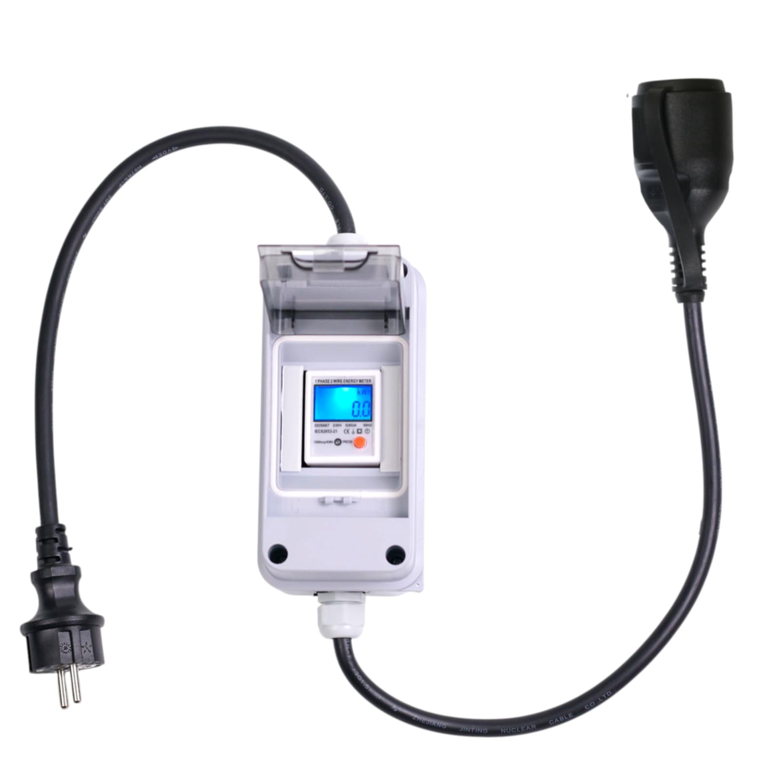 Medidor de Consumo Eléctrico Móvil IP65 con Botón de Reset & Cable H07RN-F – Contador de Energía para Kit Solar Autoconsumo, Caravana, Camping & Carga de Coche Eléctrico (Plug & Play)