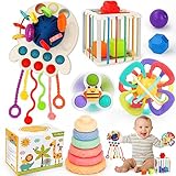 Baby Toys 6-12 Months,5 in 1 Montessori Toys for Babies 6-12 Months,Pull String Infant Teething Toys,Stacking Rings,Color Shape Sensory,Suction Cup Spinner Toys for 6-9-12 to 18 M+ Birthday Gifts