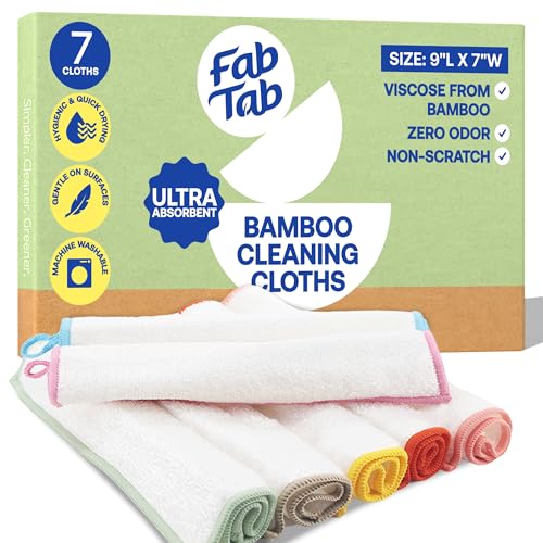 Fab Tab Viscose Made from Bamboo Cleaning Cloths Ultra Absorbent, Reusable Kitchen Cloths, Quick Drying, Non-Scratch, Color Coded Cleaning Cloths, Includes Coconut Sponge, Multicolor, 7-Pack