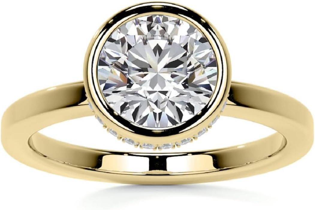1CT-3CT Round Cut Moissanite Engagement Ring for Women Bezel Solitaire Hidden Halo Anniversary Handmade Ring, Promise Gifts for Her