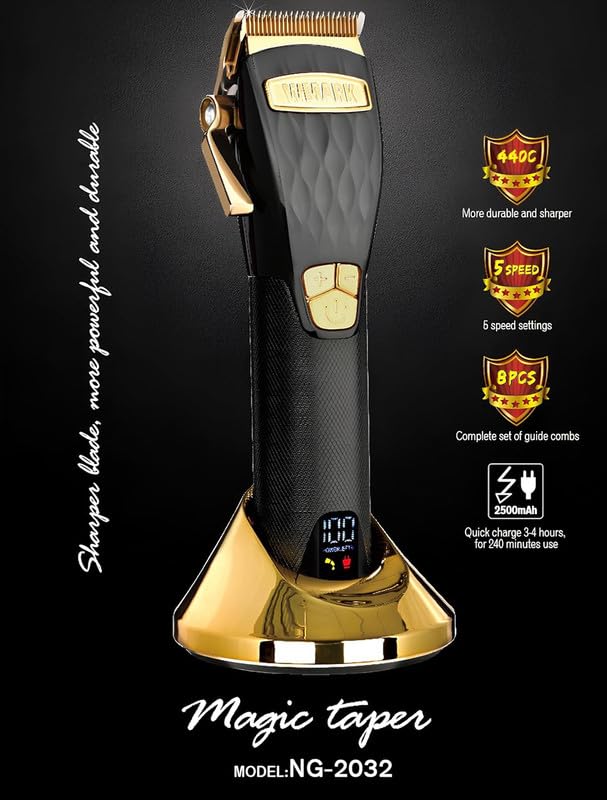 Image of WMARK Ultra Premium Professional 5 Speed Setting Hair Clipper Digital Display 440C 9CR18 Blade Powerful Magnetic Motor 8 Guide Comb Taper Lever Adjustment Charging Pod & Stand Runtime 240 mn, Model 19