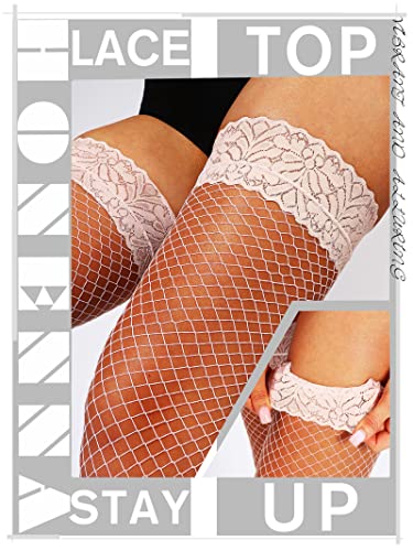 Image of HONENNA Fishnet Thigh High Stockings, 20+ Colors Silicone Lace Top Stay Up Nylons Tights for Woman, Size A-D