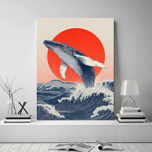 Décoration murale baleine et toile grand format océan rouge - 2