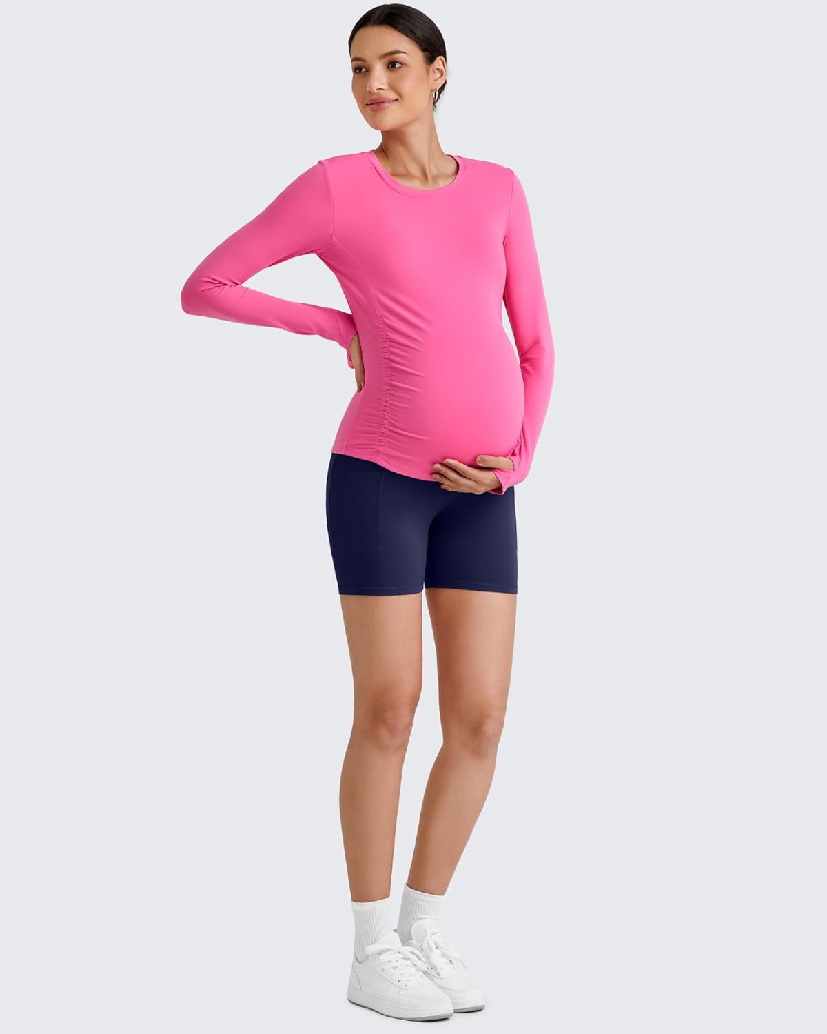 G4Free BareFeel Maternity Long Sleeve T Shirts Crewneck Ruches Pregnancy Workout Tops with Thumbholes Altheltic Yoga Tee - Image 5