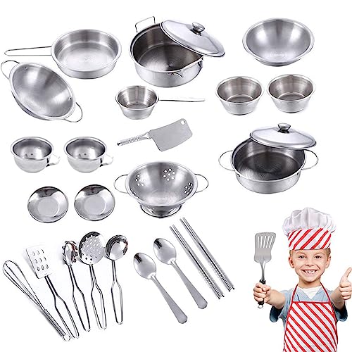 25Pcs Kids Play Kitchen Accessories Kitchen Pretend Toy Set Stainless Steel Cookware Cooking Utensils Pan Toys Set Educational Toys for Kids Toddlers Christmas Birthday or Everyday Gifts