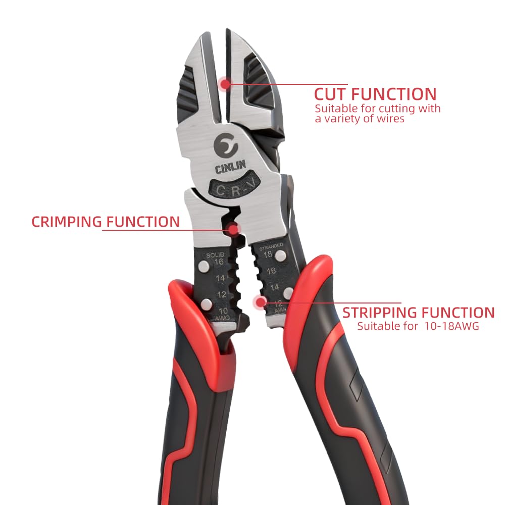Alicates de corte diagonal 3 en 1, multifunción de 7.5 pulgadas, función de corte lateral/pelado/crimpado, cortadores de alambre con mango ergonómico para electricistas y hogares. Alicates