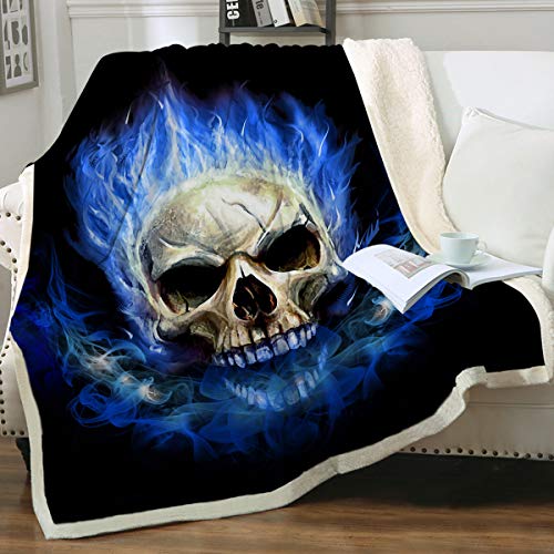 Sleepwish Blue Skull Fire Kids Throw Blanket Sherpa Flannel Fleece Reversible Blanket College Dorm Warm Blanket For Boys (Twin 60" X 80") #TOP9