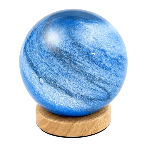 JupiGlow New Luxury Planet Night Light Glass Bedside with Wooden Base 3 Modes - Dimmable Swirl Planet Table Lamp for Bedroom Nightstand Desk Lamp for Living Room Office Kids (Light Blue)