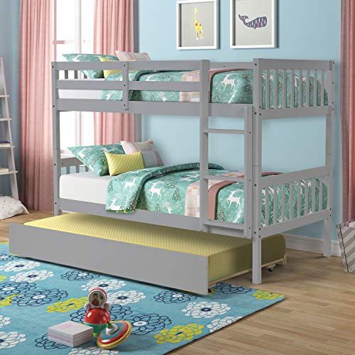 Twin Over Twin Bunk Bed with Trundle, Pine Wood Bunk Beds Twin Over Twin with Guardrail & Ladder, Can be Separated into 3 Twin Bed Frame, Bunk Bed for Kids Girls Teens Adults (Twin, Light Gray)