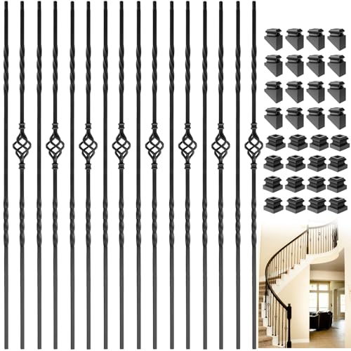 Vilstomes Iron Balusters for Staircase 30 Pack Wrought Iron Balusters 1/2 Hollow Single Basket Stair Spindles Stair Balusters Metal Balusters for Decks W/ 60 Pack Baluster Shoes