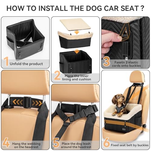Image of PETSFIT Small Dog Car Seat, Waterproof PU Leather Dog Booster Car Seat with Patented Safe Buckles, Detachable Washable Cushion, 2 Storage Pockets, Dog Car Seat Medium Sized Dog up to 30 lbs (Black)