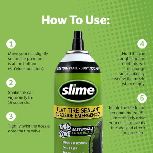 Image of Slime 60186 Flat Tire Puncture Repair Sealant, Emergency Repair for Highway Vehicles, Suitable for Cars /Trailers, Non-Toxic, eco-Friendly, 14oz