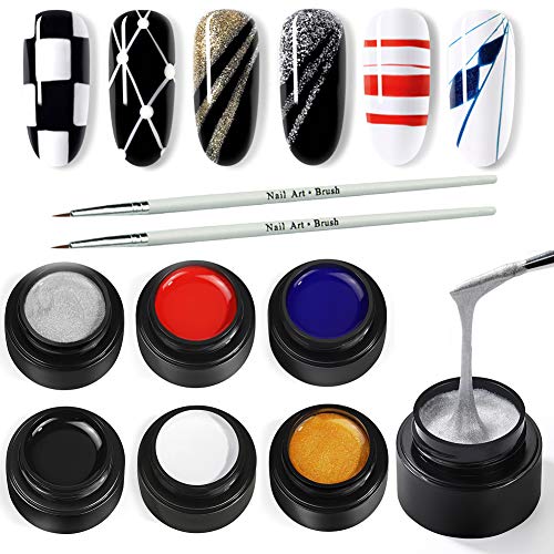 Spider Gel for Nail Art 6 Colors Drawing Gel Nail Polish Set with Painting Nail Art Brushes Soak off Nail Art Design Gel Paint Drawing Gel for Line Wire Nail Art Kit