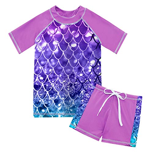 LOVEKIDER GIRLS TWO PIECE SWIMSUIT RASH GUARD SET SHORT SLEEVE BATHING