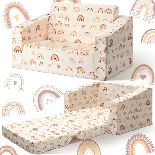 Burbell Boho Toddler Fold Out Couch Chair 2-in-1 Folding Sofa Toddler Chair Comfy Foldable Furniture Convertible Sofa to Lounger Bed for Playroom Bedroom Valentine Gift Kids Boys Girls