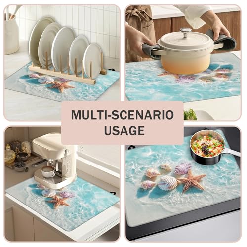 Image of Multi-Design Silicone Stove Cover for Glass /Electric Stoves - 3-in-1 Heat-Resistant Protector Mat, Non-Slip Drying Rack (Beach Sand Seashells, 28 inch L x 20 inch W)