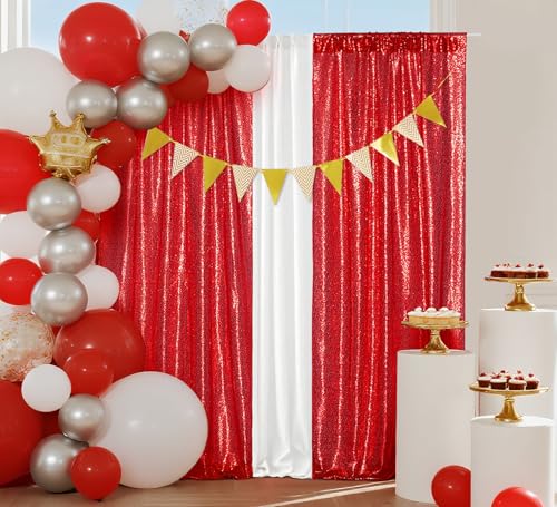Juya Delight Red Sequin Backdrop Curtains 2Pcs 2ftx8ft Glitter Photography Backdrop for Party Shimmer Back Drapes Birthday Valentine Decorations