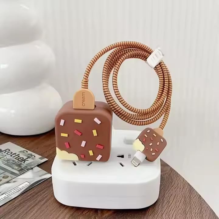 Image of PHONE PALACE 4 in 1 Compatible with Apple iPhone Charger Case Cover | Silicon Charger Case Cover for Apple 18-20W 360 Degree Protection Case with Wire Saver (Brown (Ice-Cream))