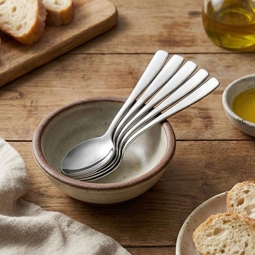 Image of Dinner Spoon Set of 4 - 7.3 inch Sterling Silver Finish Tablespoons, Premium Food Grade 18 /10 Stainless Steel, Durable & Dishwasher Safe Silverware Spoons for Home, Restaurant, and Gifting
