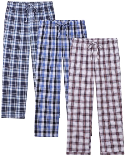 Image of 3 Pack Mens Cotton Pajamas Pants Lounge Pjs Bottoms Sleepwear Bottoms Soft Pants with Pockets Drawstring
