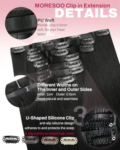 Image of Moresoo Clip in Human Hair Extensions, Natural Black, 16Inch PU Skin Weft | Clip in hair extensions, 16inch 120g 7pcs, suitable for office and daily wear, soft natural enhancement for subtle volume