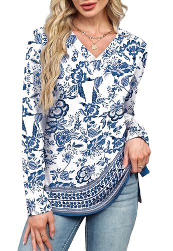 WIHOLL Women's Long Sleeve Shirts 2025 Trendy Early Fall Fashion Outfits Split Hem V Neck Fall Clothes2