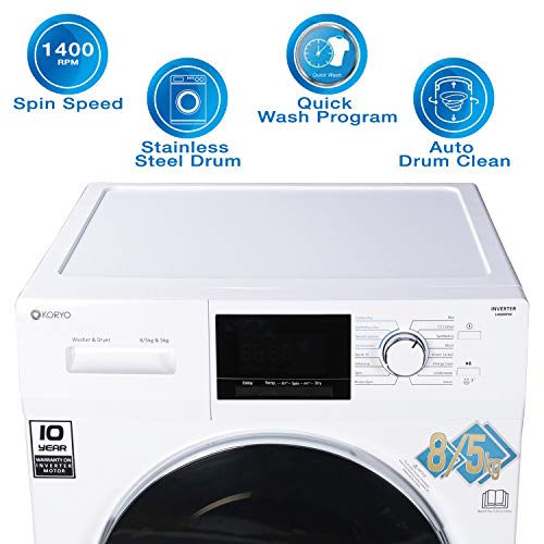 Image of KORYO 8Kg /5Kg Inverter Front Loading Washer Dryer (KWMD1485FLD, White)