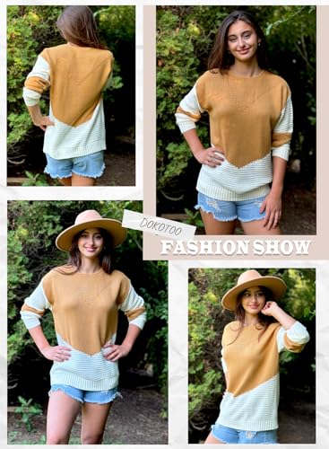 Image of Dokotoo Womens Crochet Crewneck Long Sleeve Pullovers Color Block Tunic Ribbed Sweaters Jumper Tops