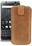 Suncase ECHT Ledertasche Leder Etui *Slim-Edition* für BlackBerry KEYone (mit Rückzugsfunktion & Magnetverschluss) antik-Cognac