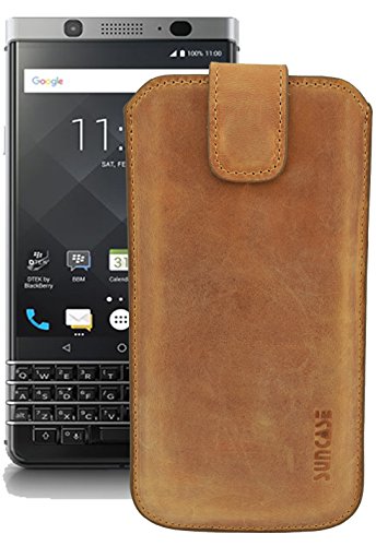 Suncase ECHT Ledertasche Leder Etui *Slim-Edition* für BlackBerry KEYone (mit Rückzugsfunktion & Magnetverschluss) antik-Cognac
