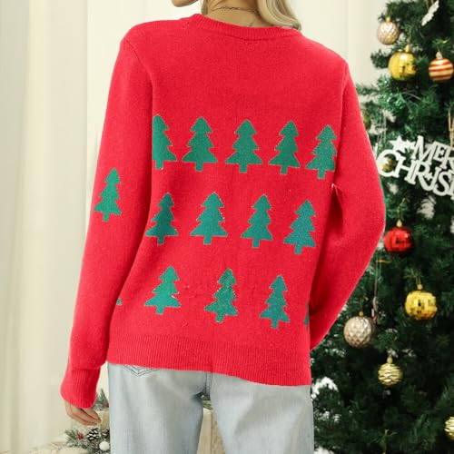 Christmas Sweater Round Neck Reindeer Snowflakes Knitted Warm Sweater Pullover Women High Neckline Sweater for Unisex (Red S)2