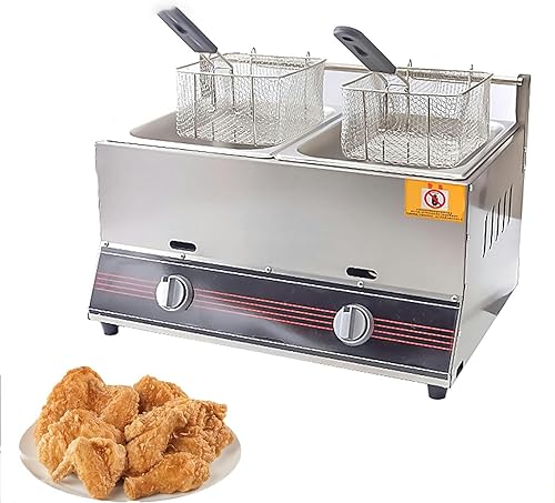 WQZzjm Freidora de Gas Comercial de Acero Inoxidable para Exteriores, con Tapa, Ideal para Papas Fritas en restaurantes (10 l + 10 l + 2 cestas para freír).