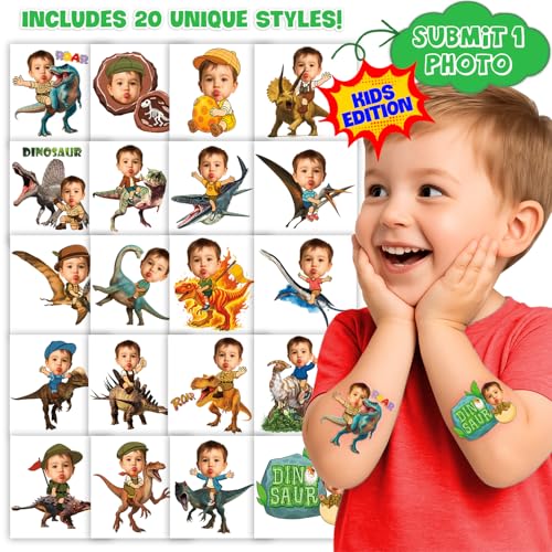 Image of Custom Funny Dinosaur Temporary Tattoos for Kids | Personalized Pre-Cut Face Photo, Birthday Party Favors for Boys, Dinosaur Lovers, Set of 20