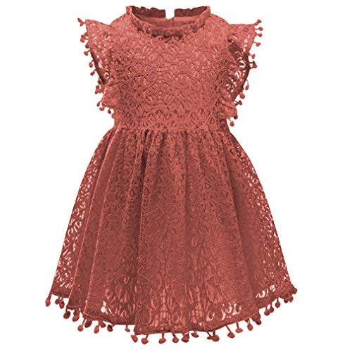 Csbks Toddler Girls Cute Pompoms Lace Floral Elegant Retro Swing Party Dress Reddish-Brown 130