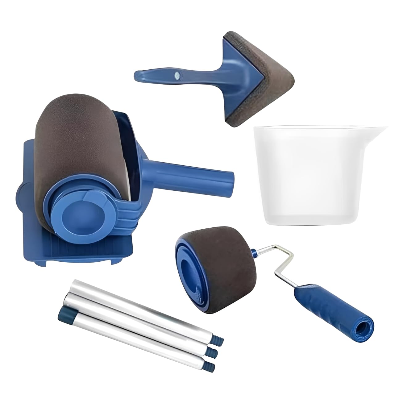 Sizi Blue & Grey 8Pcs Paint Roller Set With Handle & Extension Poles | Runner Pro Wall Painting Kit With Flocked Edger, Corner, Tray & Pour Jug | Reusable Diy Wall Ceiling Home Decor